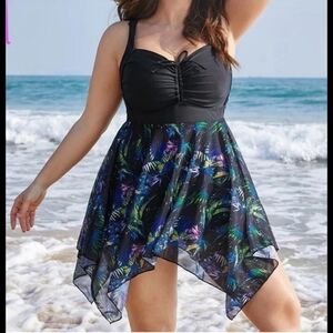 BloomChic Tropical Ruched Ties Hanky Hem Crisscross Shorts Swim Dress